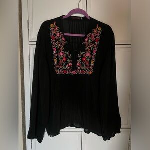 Johnny Was Black Pink Red Floral Embroidered Boho Blouse Top, Long Sleeves